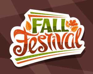 Vector Lettering Fall Festival, White Signage With Curly Calligraphic Font And Illustration Of Decorative Falling Leaves, On Brown Background